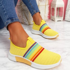 Plus Size Women Rainbow Stripe Knitted Breathable Casual Walking Shoes