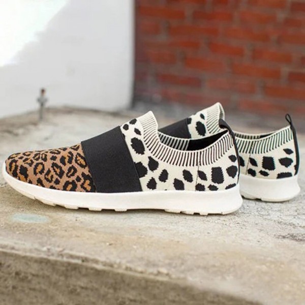 Women Large Size Mesh Breathable Leopard Pattern Elastic Band Slip On Sneakers 