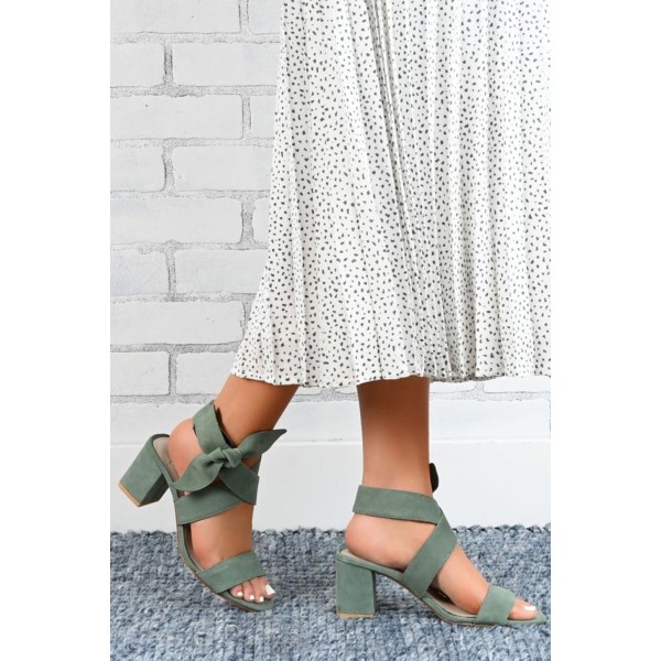 Green Open Toe Bowknot Ankle Strap High Chunky Heel Sandals 