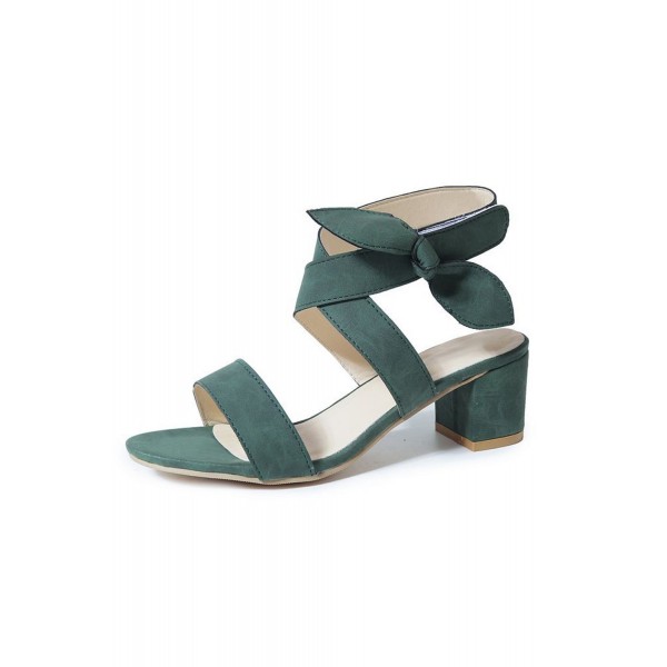 Green Open Toe Bowknot Ankle Strap High Chunky Heel Sandals 