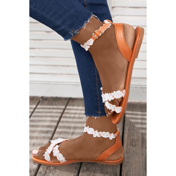 Brown Cross Lace Ruffle Comfort Flat Buckle Sandals 