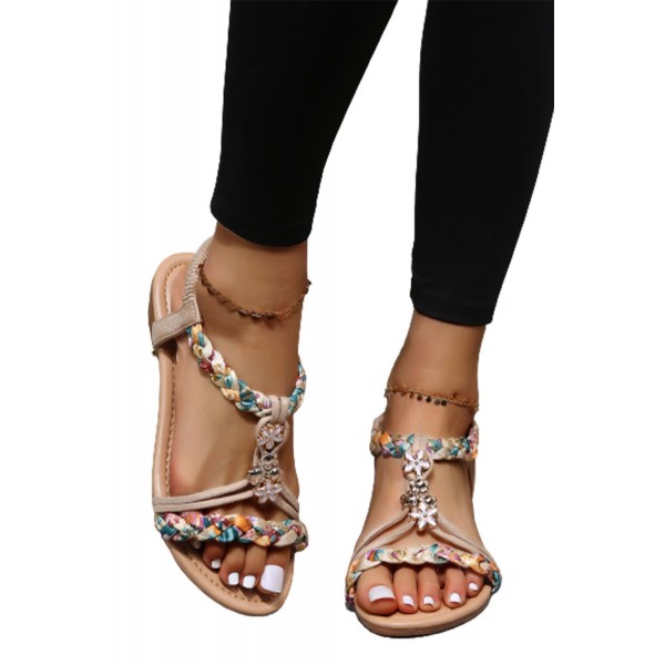 Apricot Flower Decor Braided Design Ankle Strap Sandals 