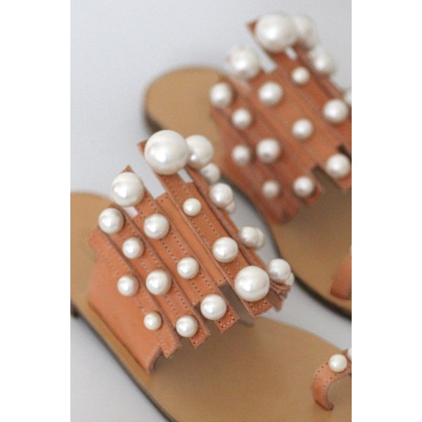 Apricot Faux Matte Pearl Vachetta Leather Sandals 