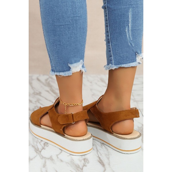 Brown Suede Open Toe Wedge Sandals 