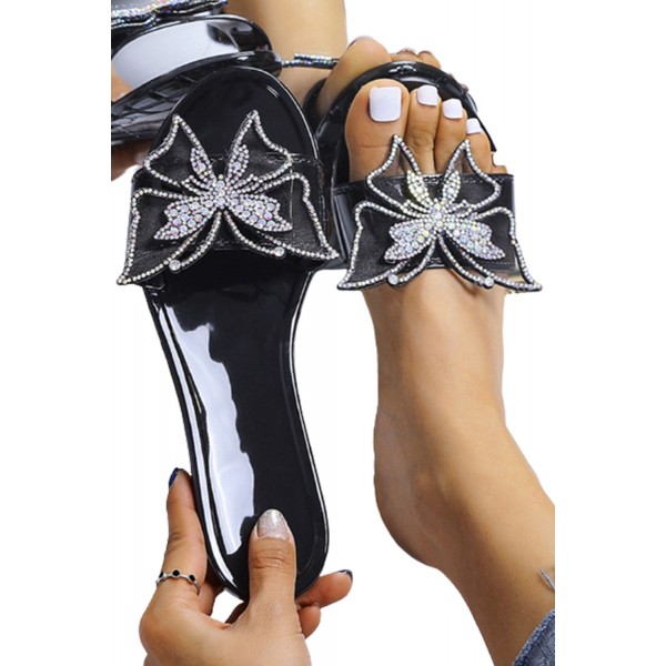 Black Rhinestone Butterfly Applique Wide Strap Slippers 