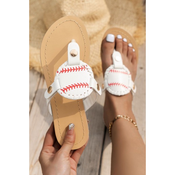 White Baseball PU Leather Flip Flops 