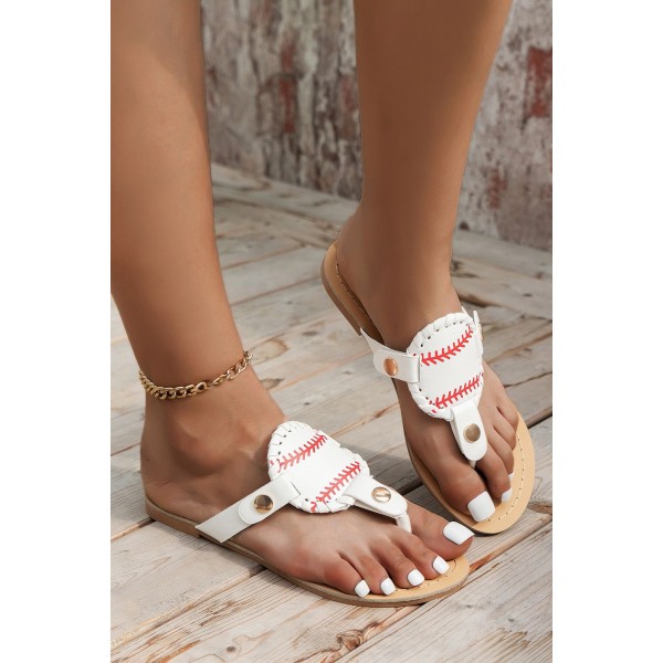 White Baseball PU Leather Flip Flops 