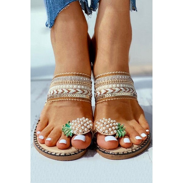 Beige Set Toe Pineapple Lace Beach Slippers 