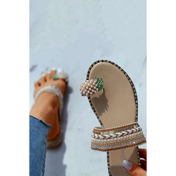 Beige Set Toe Pineapple Lace Beach Slippers 