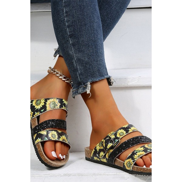 Black Sunflower Print Sparkly Buckle Strap Slippers 