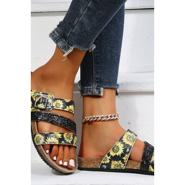 Black Sunflower Print Sparkly Buckle Strap Slippers 