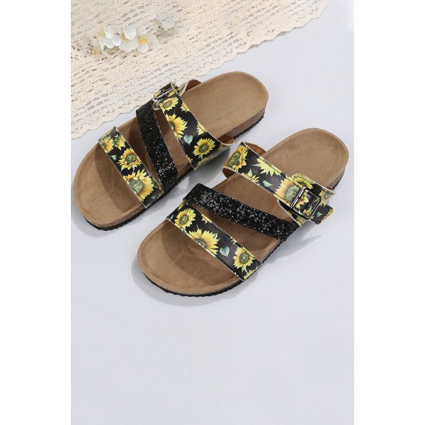 Black Sunflower Print Sparkly Buckle Strap Slippers 