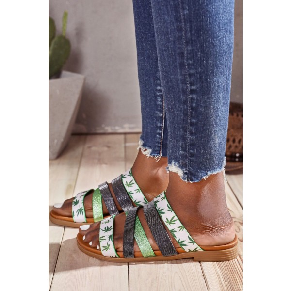 Green Leaf Print Strappy Flat Sandals 