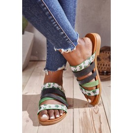 Green Leaf Print Strappy Flat Sandals