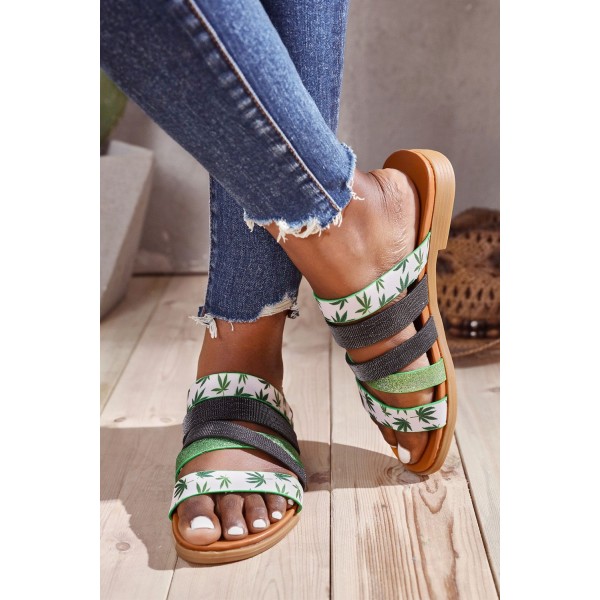 Green Leaf Print Strappy Flat Sandals 