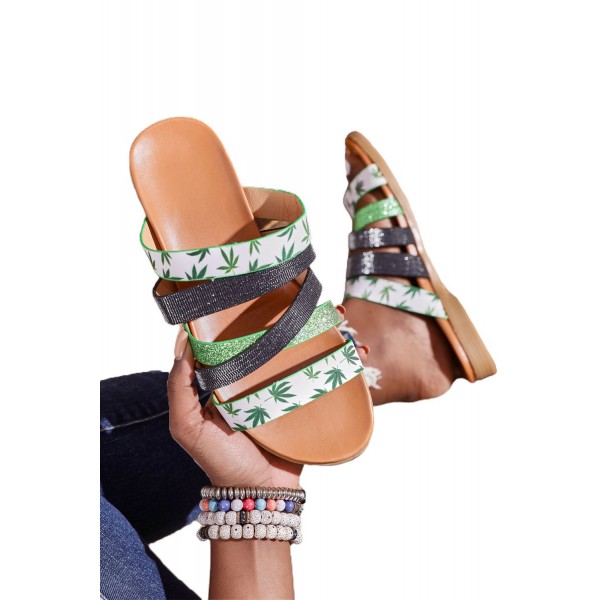 Green Leaf Print Strappy Flat Sandals 