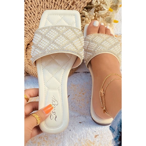 Beige Square Toe Pearl Rhinestones Flat Slippers 