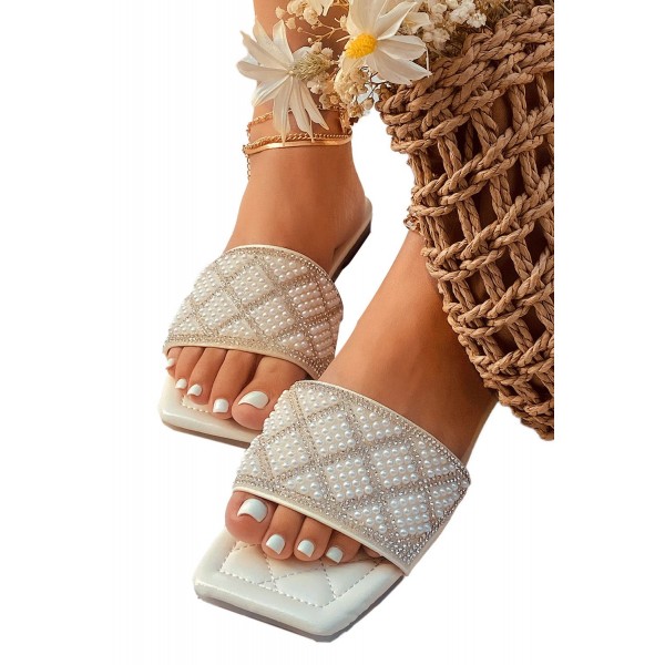 Beige Square Toe Pearl Rhinestones Flat Slippers 