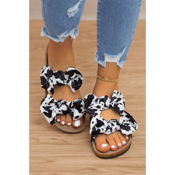 Cow Print Bowknot Open Toe Flat Slippers 