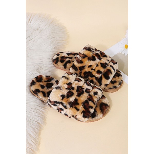 Brown Leopard Open Toe Plush Slippers 