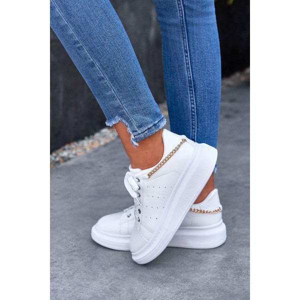 White PU Leather Lace up Sneakers 