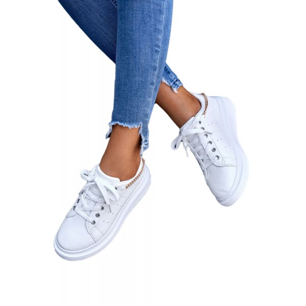 White PU Leather Lace up Sneakers 