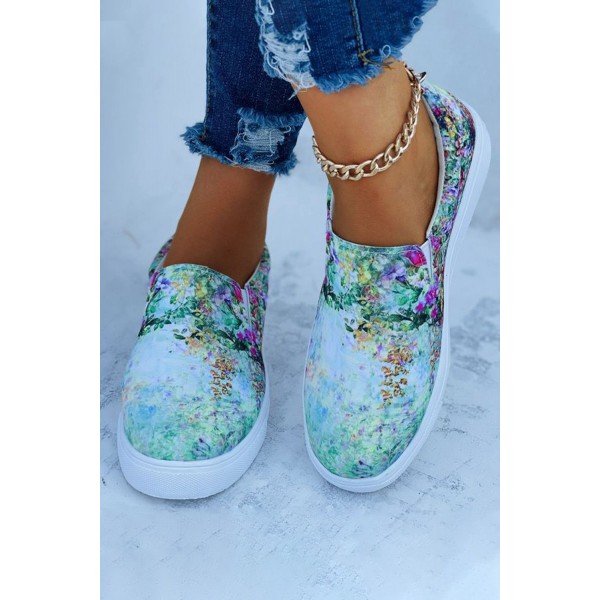 Green Gradient Floral Slip On Canvas Sneakers 