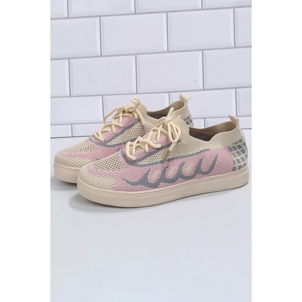 Pink Mesh Knitted Round Toe Lace-up Sneakers 