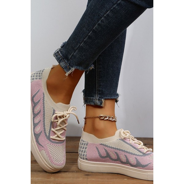 Pink Mesh Knitted Round Toe Lace-up Sneakers 