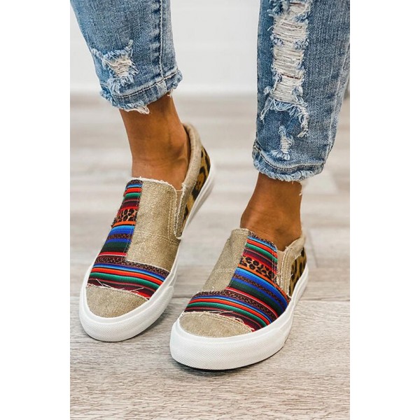 Stripes Leopard Splicing Flat Canvas Sneakers 