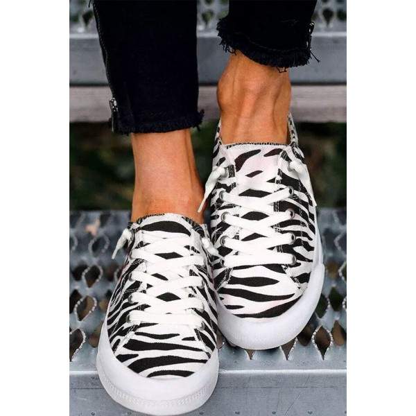 Zebra Lace Up Flat Canvas Sneakers 