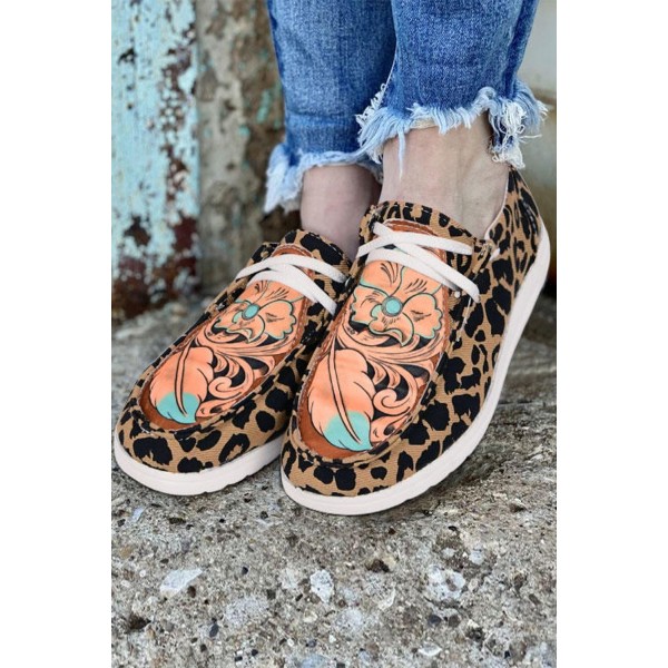 Leopard Floral Crisscross Flat Foot Loafers 