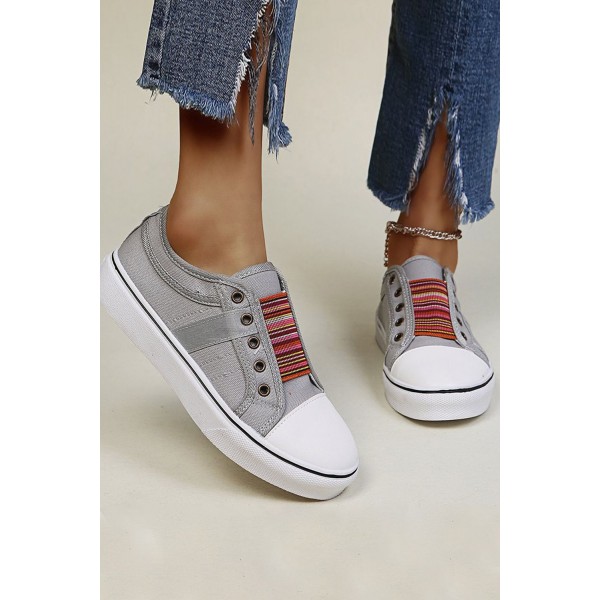 Gray Striped Round Toe Slip-on Sneakers 