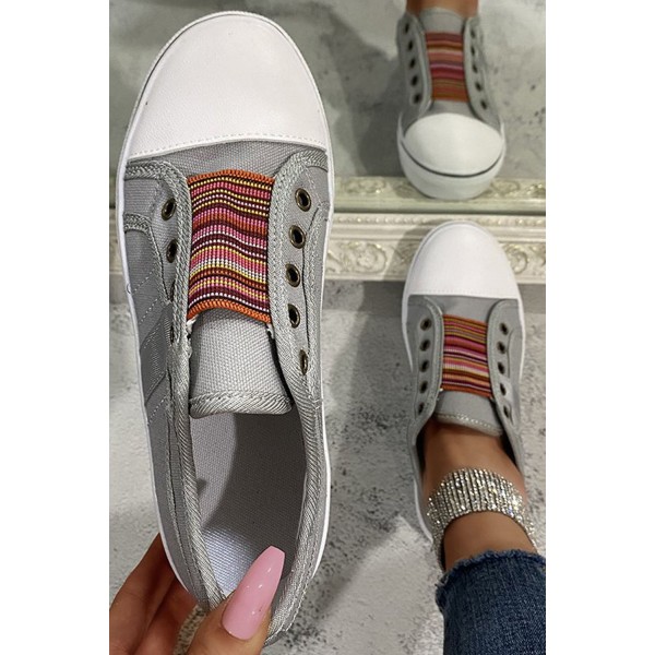 Gray Striped Round Toe Slip-on Sneakers 