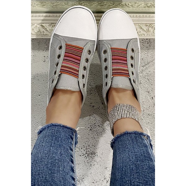 Gray Striped Round Toe Slip-on Sneakers 